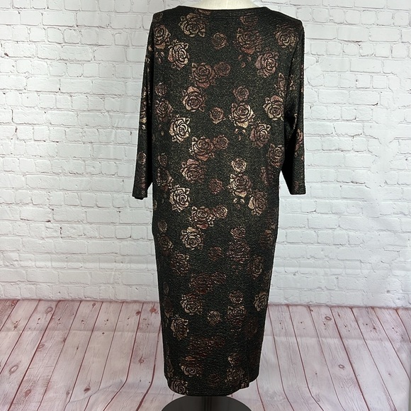 Serengeti Black Bronze Brown Rose Print 3/4 Sleeve Shift Dress Stretch Size 1X - Picture 2 of 8